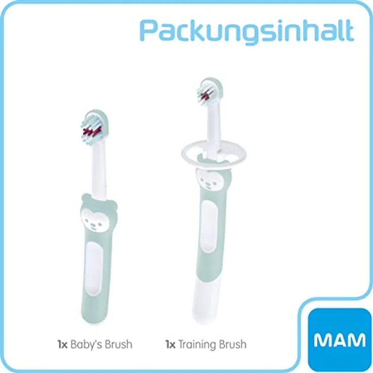MAM Learn to Brush Set, Baby Zahnbürste mit langem Griff zum gemeinsamen Halten, Kinderzahnbürste trainiert das Zähneputzen, ab 5+ Monate, türkis, 1 Stück (1er Pack) – Bild 3