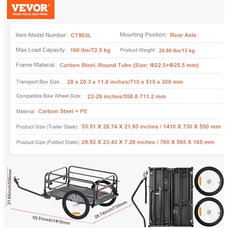 VEVOR Fahrradanhänger CT903L, 72 kg Tragkraft, faltbar, mit Universalkupplung und 40,6 cm Rädern, für 558,8-711,2 mm große Fahrräder – Bild 7