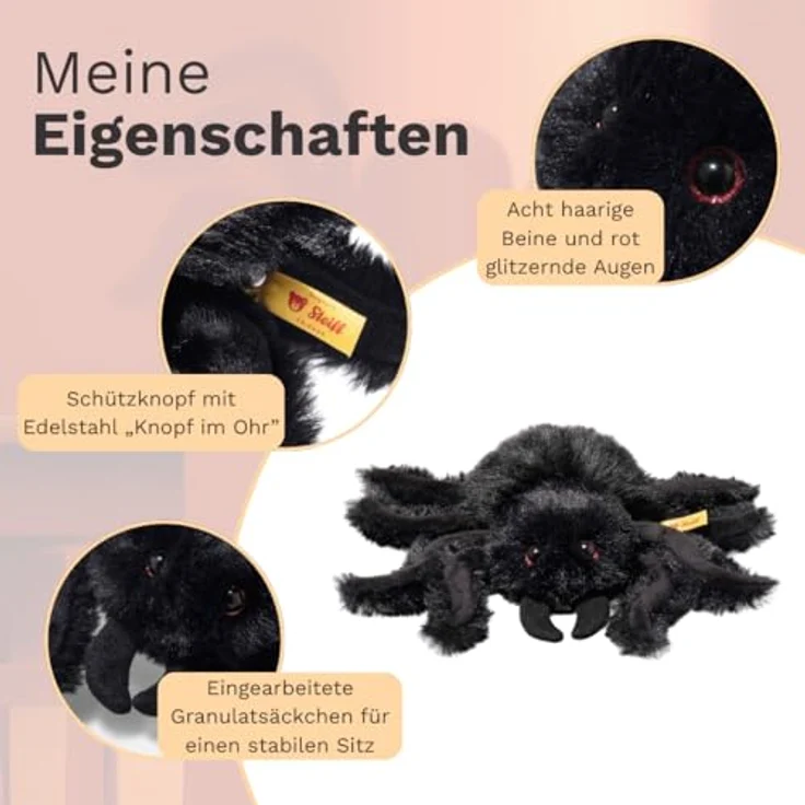 Steiff Spinne Cobweb, schwarzes Kuscheltier mit 14 cm, ideal für Halloween – Bild 3