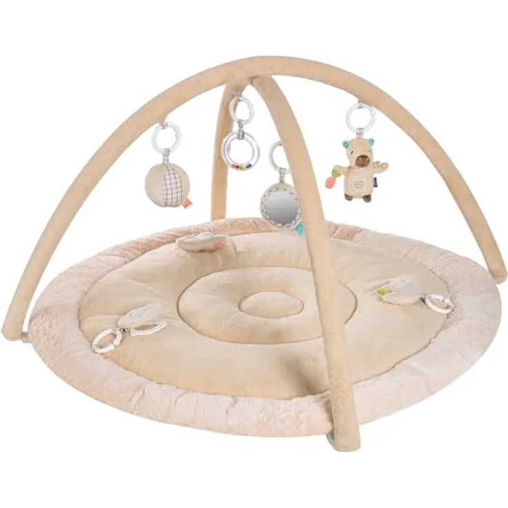 Fehn 3-D-Activity-Decke Capybara Clara, mit 7 abnehmbaren Spielzeugen zur Förderung von Greifen, Sehen und Hören, Ø 85 cm, maschinenwaschbar