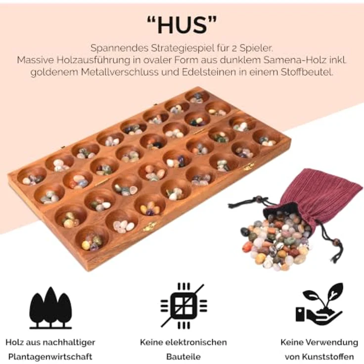 Logoplay Hus Spiel mit antiken Goldenen Verschluss, Strategiespiel für 2 Spieler mit 75 Edelsteinen, klappbares Samena-Holzbrett – Bild 5
