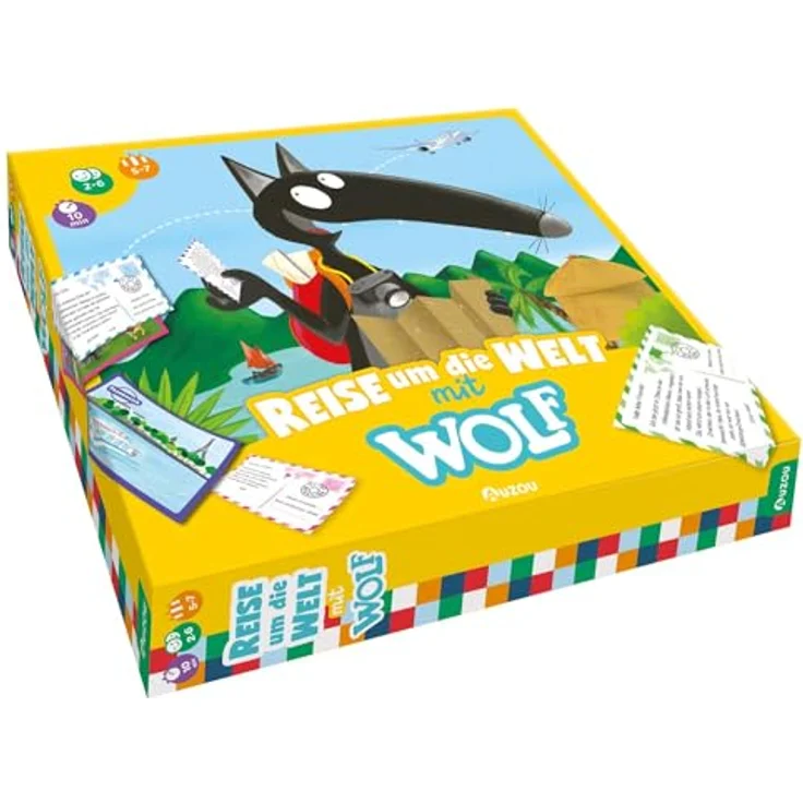 AUZOU Reise um die Welt mit Wolf, Brettspiel ab 5 Jahren, Familienspiel für 2-6 Spieler mit Wolf-Metallfigur und Postkartenversand – Bild 1