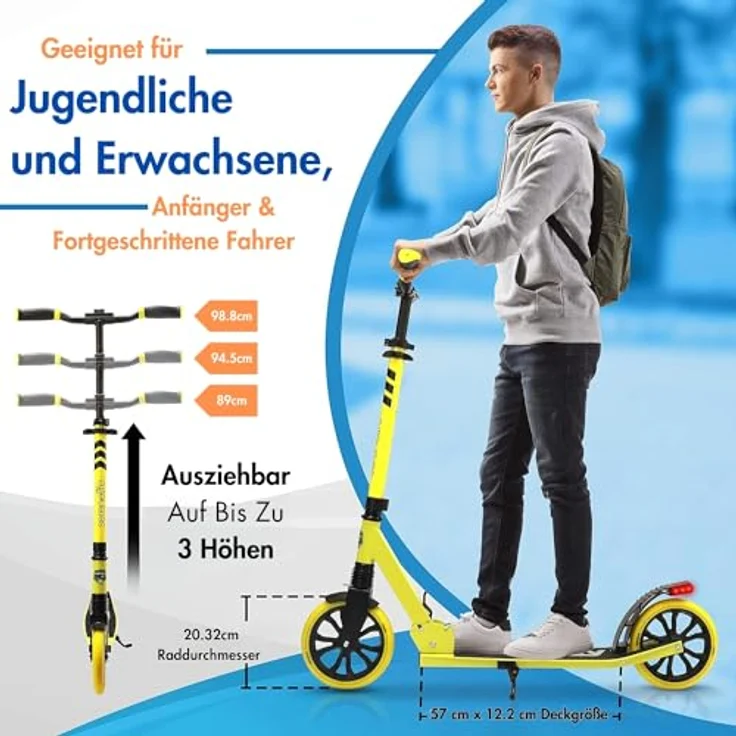 Hurtle SereneLife Roller, klappbarer Tretroller für Kinder & Erwachsene, höhenverstellbar, Big Wheel Scooter bis 120 kg, schwarze Variante – Bild 4