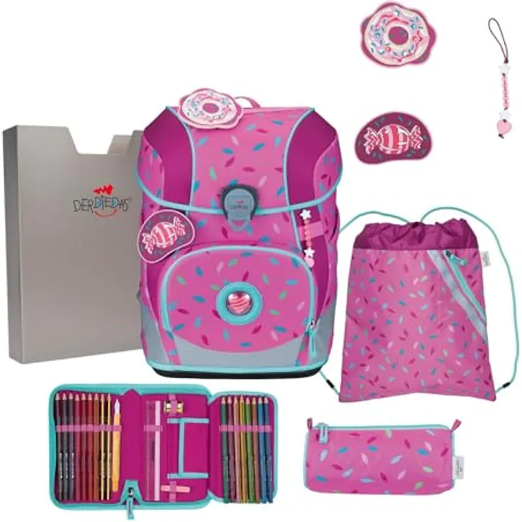 DerDieDas Schulranzen ErgoFlex Tiny Set 6-teilig, ergonomisches Tragesystem, pink mit Sweet Sprinkles Design