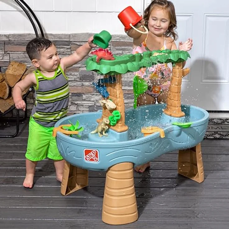 Step2 Dino Showers Wasserspieltisch, großer Wassertisch mit 13-teiligem Zubehörset, für Garten und Spielspaß in Blau & Braun – Bild 4