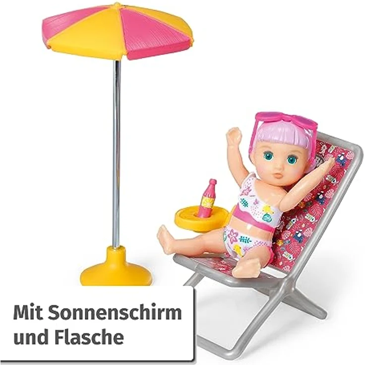 BABY born Minis, Minipuppe mit Liegestuhl, Spielset Sonnenstuhl, 7 cm große Puppe Lara mit Liegestuhl, Sonnenschirm und Flasche, 906132, Zapf Creation – Bild 5