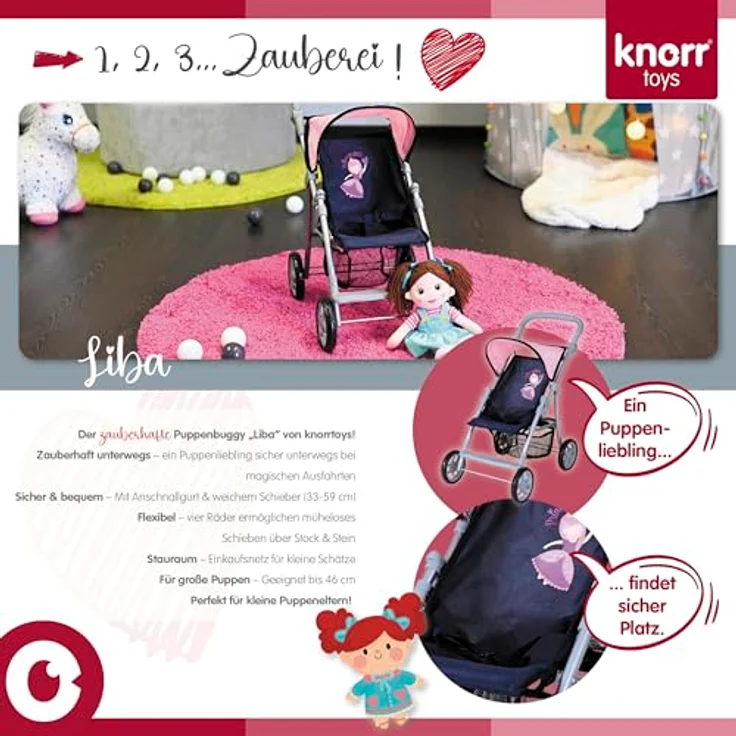 Knorrtoys 16842 Puppenbuggy Liba, höhenverstellbar mit verstellbarem Verdeck, Princess Blue, für Puppen bis 46 cm – Bild 5