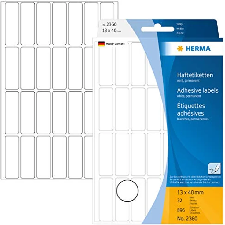 HERMA 2360 Etiketten weiß, 32 Blatt, 13 x 40 mm, 28 pro Bogen, 896 Aufkleber, selbstklebend, Vielzweck Klebeetiketten zum Beschriften, Universal Haftetiketten aus Papier, blanko – Bild 1