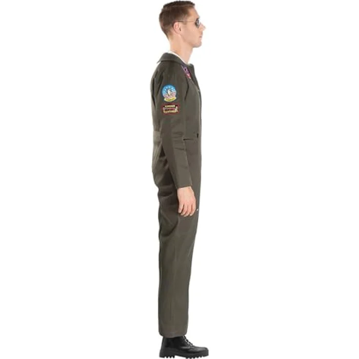Maskworld Original Top Gun Overall Deluxe, lizenziertes Film-Kostüm für Erwachsene in olivgrün, Größe S-M, mit militärischen Aufnähern und 2-Wege-Reißverschluss – Bild 4