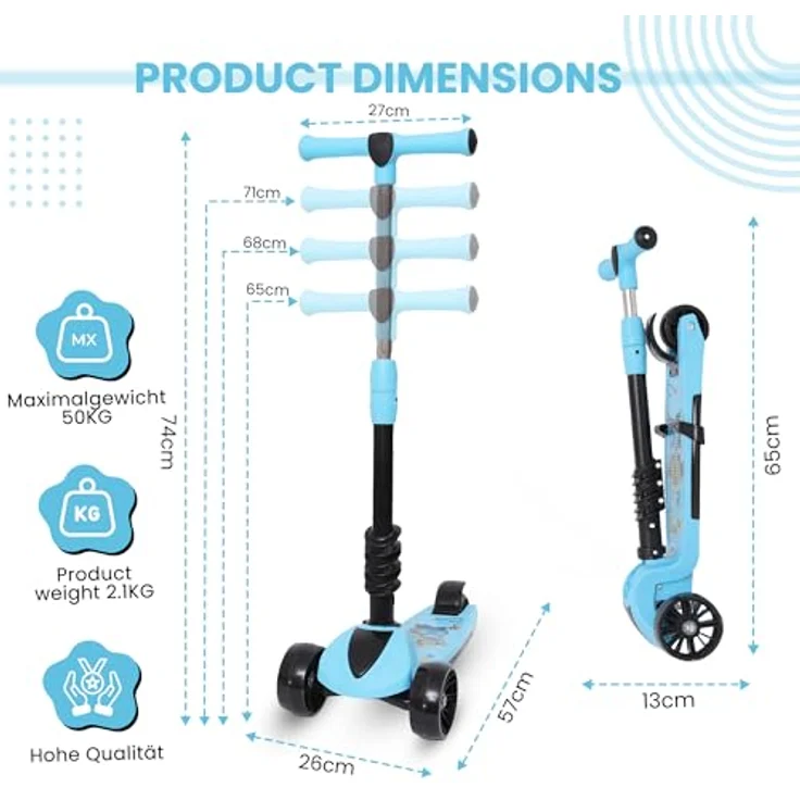Habib Gruppe 3-in-1 Kinderroller mit Sitz, Dreirad Tretroller, Faltbar, Höhenverstellbar, mit LED Rädern, Blau, für Kinder ab 3 Jahren (bis 50kg) – Bild 3