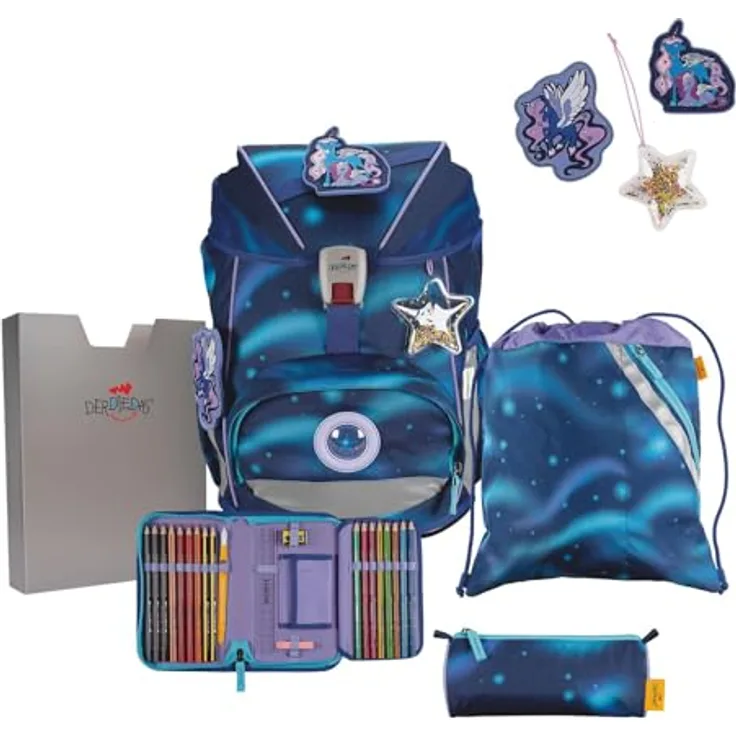 DerDieDas ErgoFlex Superlight Luna Set 5-teilig, leichter Schulrucksack für die Grundschule, ergonomisch & sicher, ca. 22 l Volumen, für Mädchen und Jungen