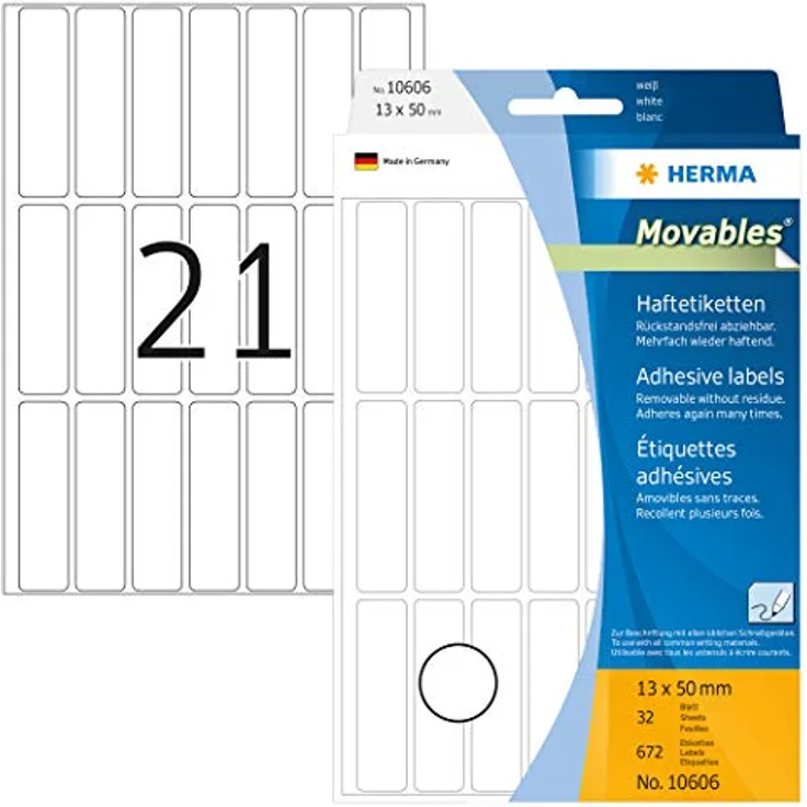 HERMA 10606 Etiketten ablösbar weiß, 32 Blatt, 13 x 50 mm, 21 pro Bogen, 672 Aufkleber, selbstklebend, Vielzweck Klebeetiketten zum Beschriften, Universal Haftetiketten aus Papier, blanko