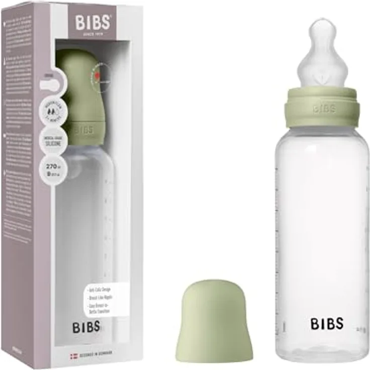 BIBS Babyflasche 270 ml, Silikon-Sauger, Anti-Kolik, BPA-frei, mittlerer Fluss, geeignet für Neugeborene, Farbe: Sage