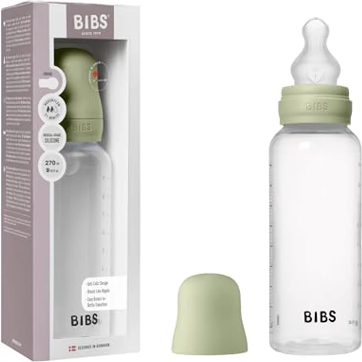 BIBS Babyflasche 270 ml, Silikon-Sauger, Anti-Kolik, BPA-frei, mittlerer Fluss, geeignet für Neugeborene, Farbe: Sage – Bild 1