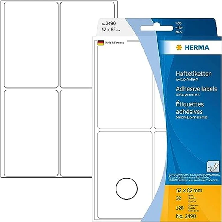 HERMA 2490 Vielzweck-Etiketten, 128 Stück, 52 x 82 mm, 4 pro Bogen, selbstklebend, Haushaltsetiketten zum Beschriften, matt, blanko Papier Klebeetiketten Aufkleber, weiß – Bild 1
