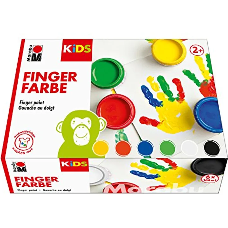 Marabu KiDS Fingerfarben Set, 6x100 ml in Gelb, Rot, Blau, Grün, Weiß und Schwarz, sicher und abwaschbar für Kinder ab 2 Jahren