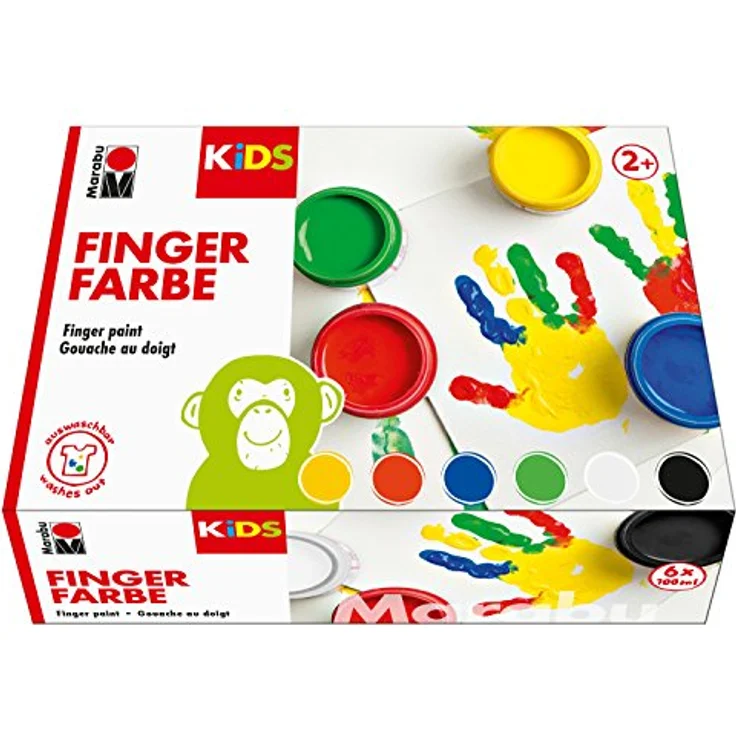 Marabu KiDS Fingerfarben Set, 6x100 ml in Gelb, Rot, Blau, Grün, Weiß und Schwarz, sicher und abwaschbar für Kinder ab 2 Jahren – Bild 1