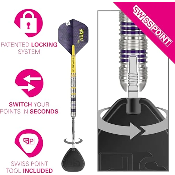 Target Darts Luke Littler Loadout Steel Tip Darts, 90% Tungsten 23G, mit Swiss Points, Pro Grip Shafts & No.2 Flights, violett/gelb – Bild 5