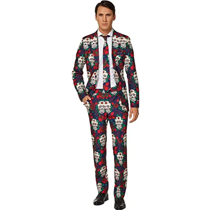Suitmeister Day of the Dead, XL Slim-Fit Partyanzug mit auffälligem Design und Krawatte, 3-teilig