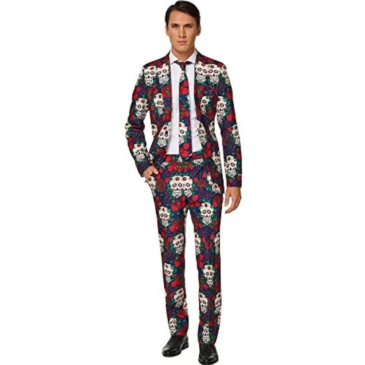 Suitmeister Day of the Dead, XL Slim-Fit Partyanzug mit auffälligem Design und Krawatte, 3-teilig – Bild 1