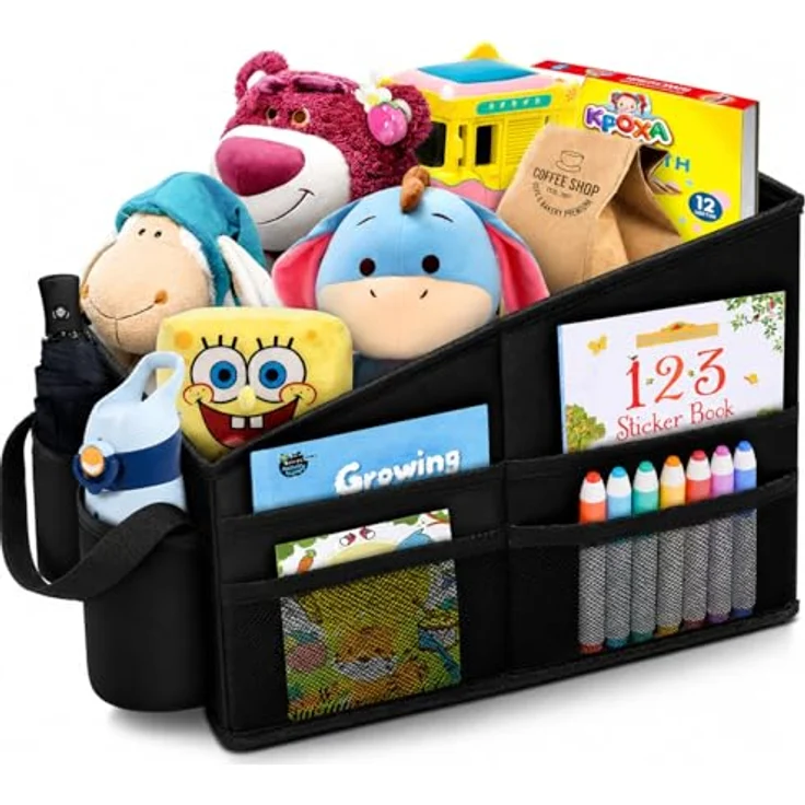WOCVRYY Autositz Organizer für Kinder, 3 große Fächer, 8 Netztaschen, 2 Getränkehalter, wasserdichtes Oxford-Gewebe, rutschfest, Gurtbefestigung – Bild 1