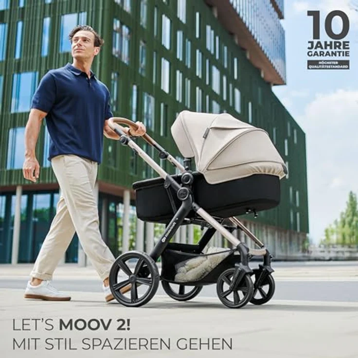 Kinderkraft MOOV 2, 3-in-1 Kinderwagenset bis 22 kg mit I-SIZE Kindersitz 40-75 cm, verstellbare Liegeposition, Buggy-Funktion, großes ausziehbares Verdeck, pannensichere Eva-Schaum-Räder, Beige – Bild 2