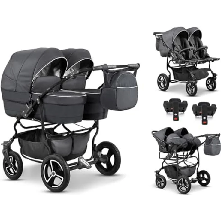 Elcar Zwillingskinderwagen 5 in 1 Twin Star inkl. Autositze und Iso Bases - 14 Teile - in 16 Farben, Federungen und große Luftbereifung für optimalen Komfort – Bild 1
