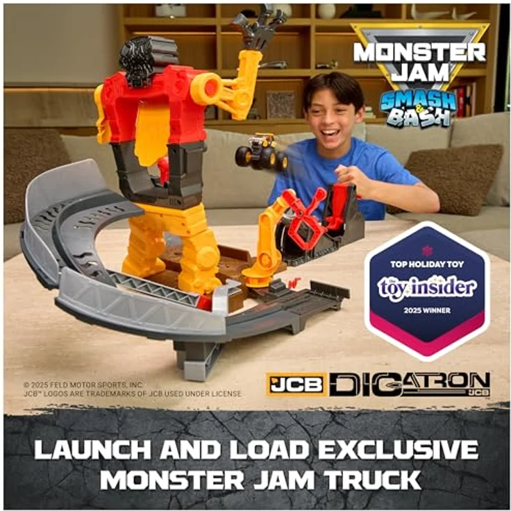 Monster Jam 1:64 Smash & Bash Smashbot Playset, mit verstellbarem Launcher und reparierbarem Roboter, inklusive Smash & Bash JCB Digatron Truck – Bild 3