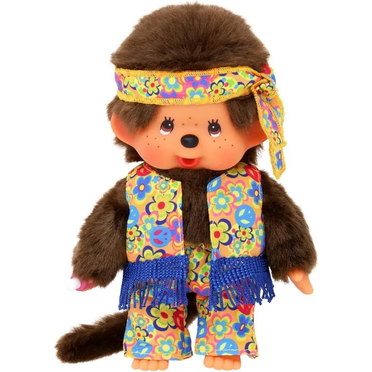 Monchhichi Plüschfigur Hippie Junge mit Kopfband 20 cm Monchhichi Puppe, weiches braunes Fell, Kunststoffgesicht, Nuckel-Erkennungsmerkmal