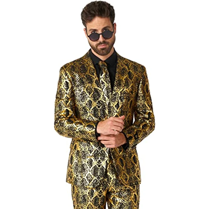 OppoSuits Shiny Snake (60), Slim-Fit Anzug mit Jacket, Hose und Krawatte in goldenen Schuppen – Bild 3