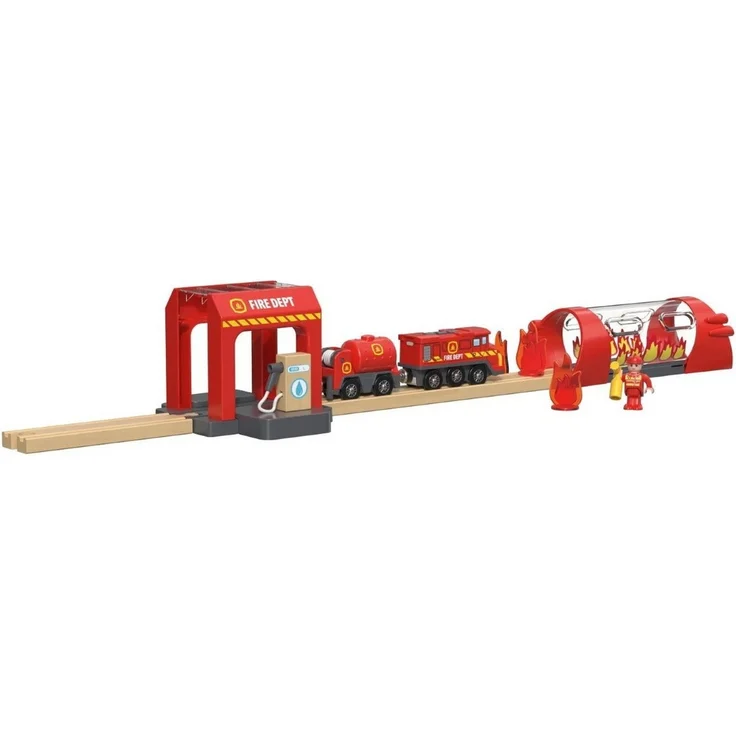 lupilu Holzspielzeug-Eisenbahn Feuerwehr-Set, 14-tlg. mit selbstfahrendem Feuerwehrzug, Vor-Rückwärts- & Stoppfunktion, kompatibel mit Holzschienen