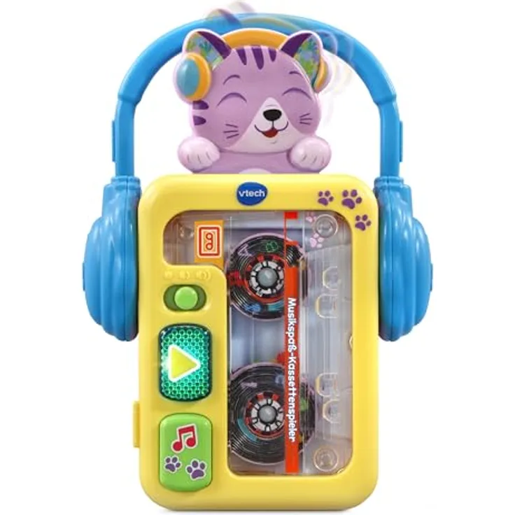 VTech Baby Musikspaß-Kassettenspieler mit leuchtender Wiedergabetaste und spielendem Kätzchen, Retro-Look - Blau