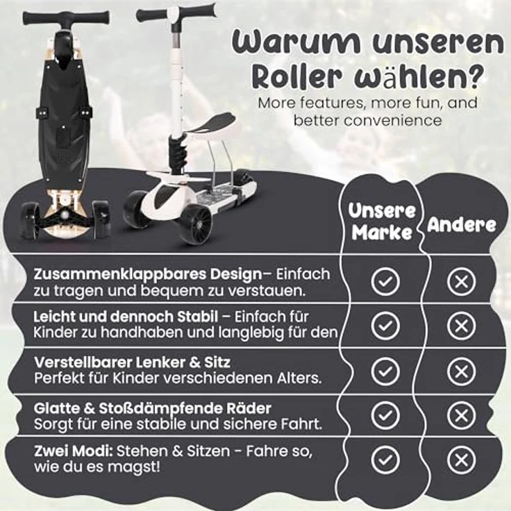 Habib Gruppe 3-in-1 Kinderroller mit Sitz, Faltbar und Höhenverstellbar, Dreirad Tretroller mit LED Rädern, für Kinder ab 3 Jahren (bis 50kg), Schwarz – Bild 4