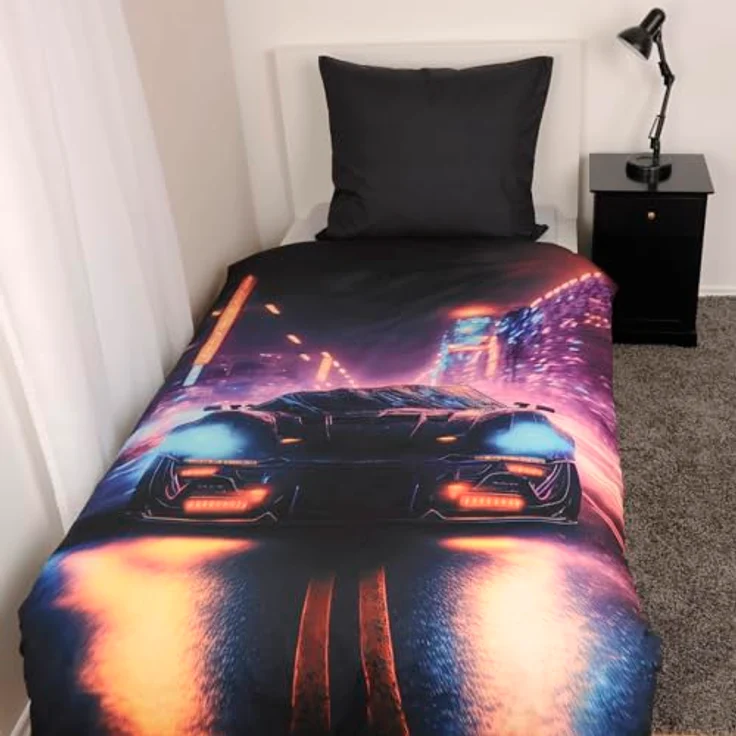 Herding Bettwäsche Neon Car, Young Collection, Kopfkissenbezug 80 x 80 cm mit Wende-Motiv, Bettbezug 135 x 200 cm, Mit Reißverschluss, 100% Polyester/Mikrofaser – Bild 3