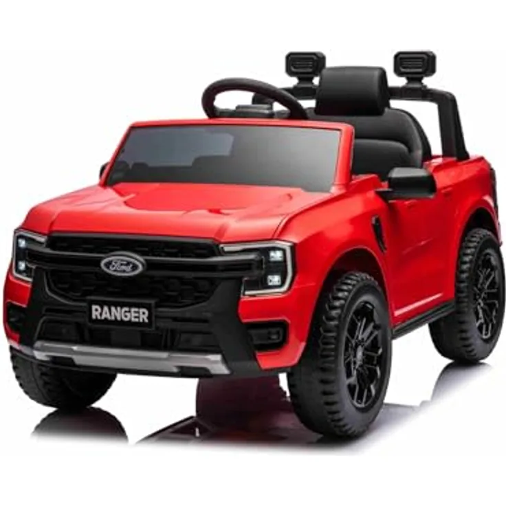 RIRICAR Elektro Kinderauto Ford Ranger 12V, rot, Ledersitz, 2,4-GHz-Fernbedienung, Bluetooth-/USB-Eingang, Federung, 12-V-Batterie, 2 x 30-W-Motoren, ORIGINAL-Lizenz