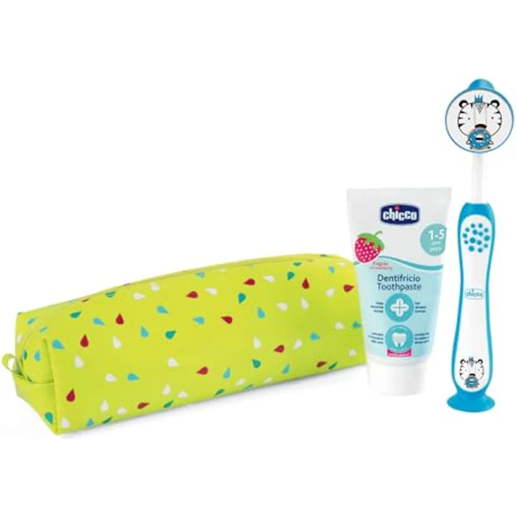 Chicco Erste Zahnbürste für Kinder, Ergonomischer rutschfester Griff, Zungenreiniger, Schutzkappe und Saugnapf, für 3-6 Jahre, Mundhygiene – Bild 1