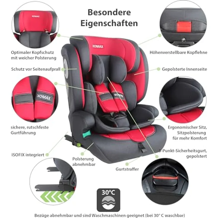 XOMAX LM238 Autokindersitz, ISOFIX, für Kinder 9-36 kg, anthrazit-rot, verstellbar und waschbare Bezüge – Bild 9