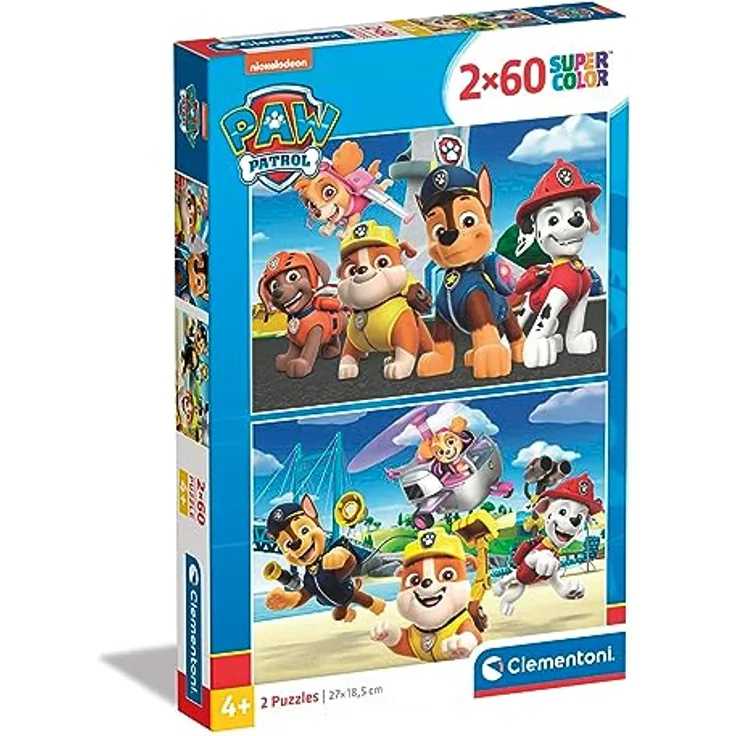 Clementoni Supercolor Puzzle - Paw Patrol, 2 Puzzle Mit 60 Teile Ab 4 Jahren, Buntes Kinderpuzzle Mit Besonderer Leuchtkraft & Farbintensität, Geschicklichkeitsspiel Für Kinder