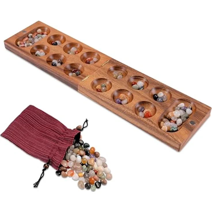 Logoplay Holzspiele Kalaha Spiel mit Magnetverschluss für 2 Spieler, Spielfeld 14 x 49 cm, inklusive 75 Edelsteinen aus Dunklem Samena-Holz – Bild 1