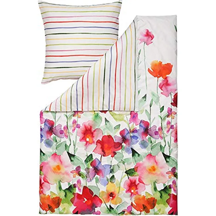 Estella Wendebettwäsche Set Aquarell 4703 985 Blumen Mako Satin 135 cm x 200 cm, hautsympathisch, Made in Germany, Blau