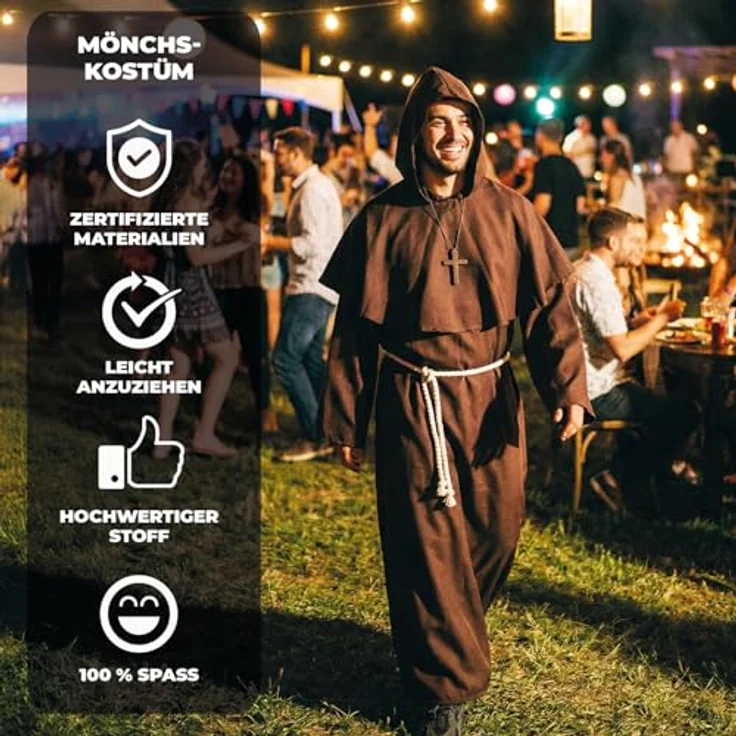 OriginalCorner® AirSuit® Mittelalterliches Mönch Kostüm für Erwachsene, lange Robe mit Kapuze und Holzkreuz, Größe M (170-175 cm) für Halloween und Karneval – Bild 3