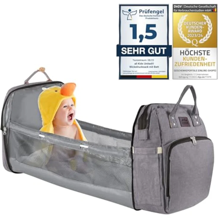 all Kids United® Baby Wickelrucksack Deluxe, Wickeltasche mit integriertem Kinderbett, Wickelauflage, USB Ladeausgang, wasserfest, grau – Bild 1
