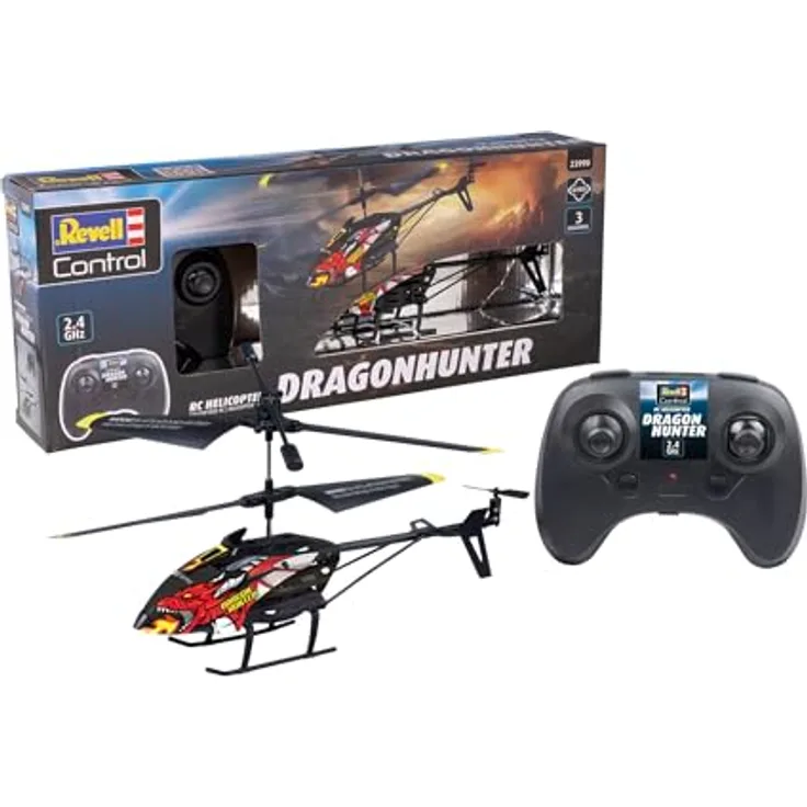 Revell Control RC Helicopter Dragon Hunter, 3-Kanal GHz-Fernsteuerung, Elektronischer Gyro, Stabiles Rumpfwerk, Ersatzrotoren Inklusive, LiPo Akku und Ladegerät, 23 cm, Ab 8 Jahren
