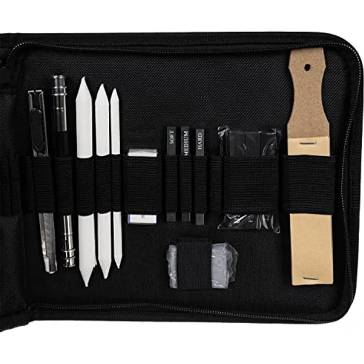 MALATEC Bleistift Skizzen Set 32-teilig, Zeichenset mit 12 Skizzenstiften, 6B Bleistift, 3 Kohlestiften, schwarz – Bild 6