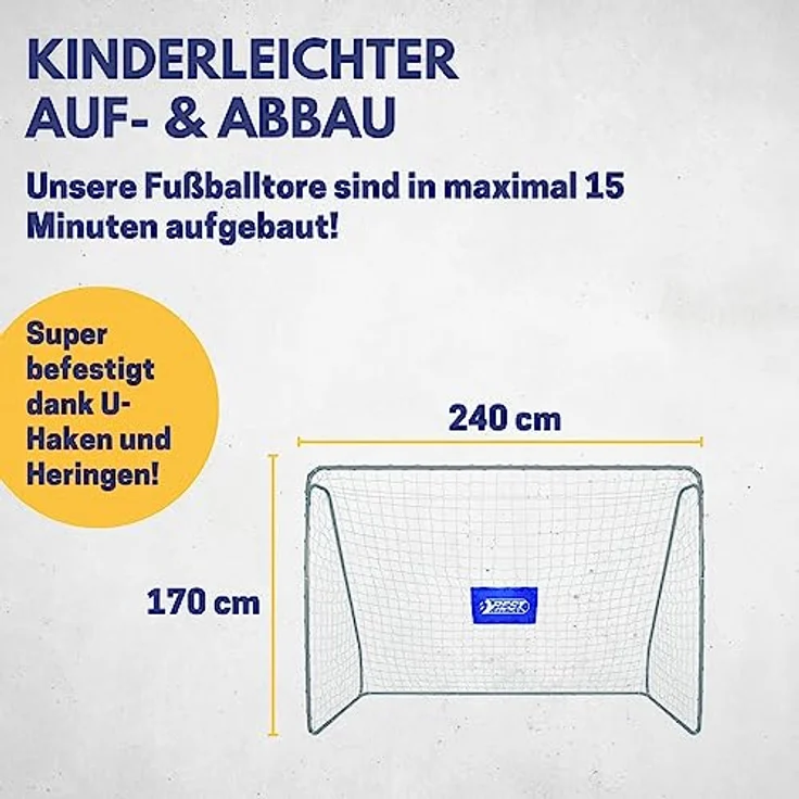 BEST SPORTING Fußballtor Kinder 240cm x 170cm x 85cm, wetterfestes und stabiles Kindertor mit blauer Torwand und 5 Schusslöchern, inkl. Netz und Heringen, Grau – Bild 4
