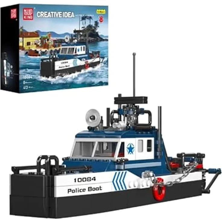Mould King Polizei Boot 10084, Spielzeugschiff mit realistischer Polizeiausstattung