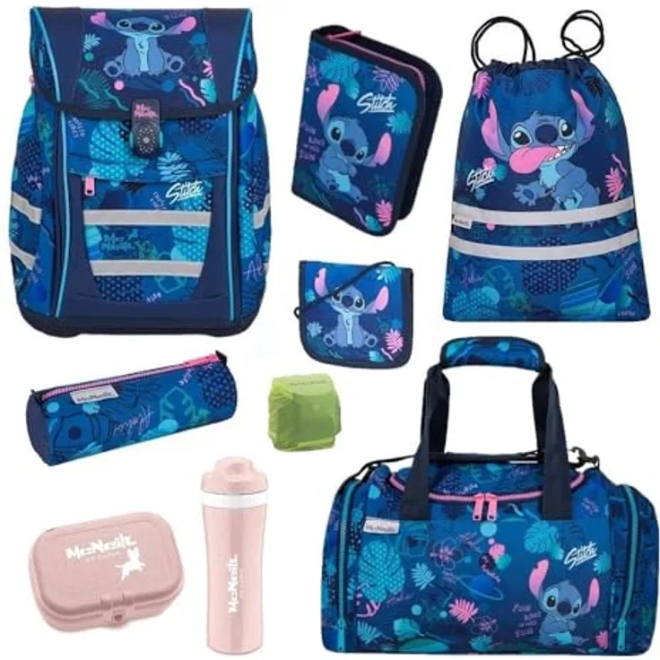 Familando McNeill Mädchen Schulranzen 1. Klasse Disney Lilo & Stitch Tornister Set ergonomisch (Blau Violett Rosa)