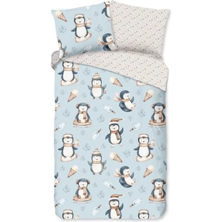 Good Morning Kinder-Wende-Bettwäsche Biber Jani Pinguin | 100% Reine Baumwolle flauschig weich & warm 135 cm x 200 cm weiß - blau – Bild 3