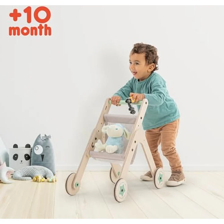 Mamatoyz 04TSTR Triio Kinderwagen, Spielzeug-Kinderwagen für Puppen aus natürlichem Birkensperrholz, Gehhilfe für erste Schritte zum Laufenlernen mit verstellbaren Rädern – Bild 2
