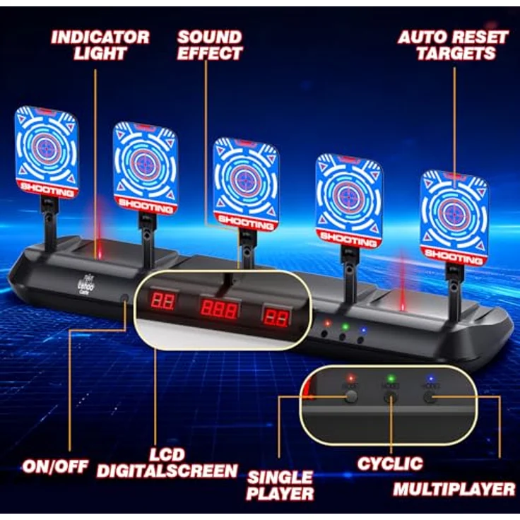 Lehoo Castle Nerf Zielscheibe, 5 Ziele Nerf Zielscheibe Elektrisch mit Licht und Sounds, Auto-Reset Elektro-Schießscheiben mit Foam Darts Pfeile, Geschenk für Jungen – Bild 3